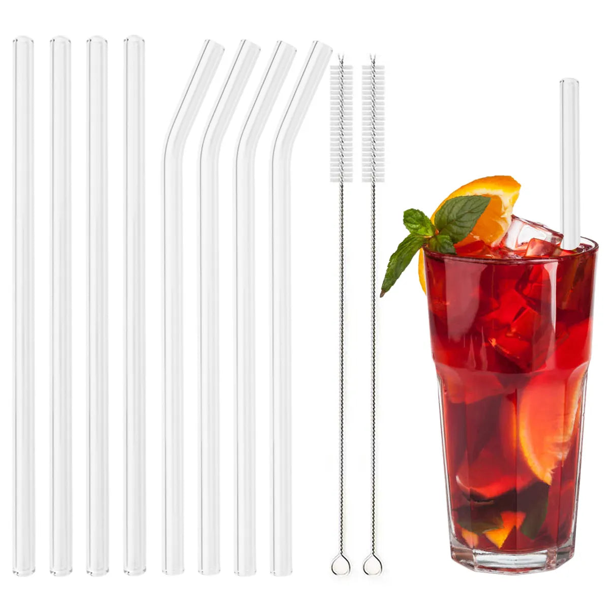 Eco Friendly Reusable Glass Straw Set With 2 Cleaning Brushes